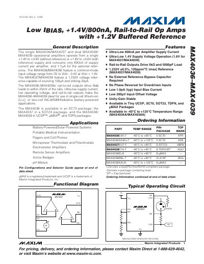 MAXIM MAX4036 MAX4039 Low IBIAS +1.4V/800nA Rail-to-Rail Op Amps with +1.2V Buffered Reference handbook - cover page