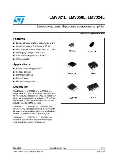 STMicroelectronics LMV321L, LMV358L, LMV324L Operational Amplifier Datasheet