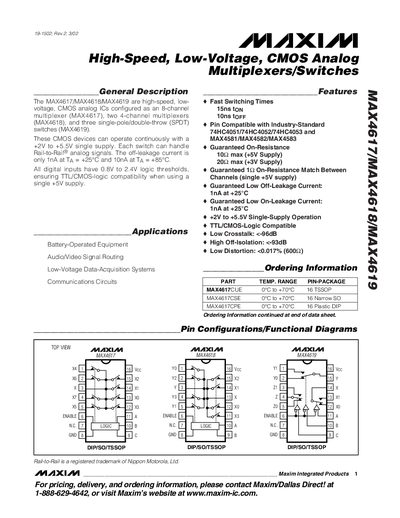 Maxim MAX4617/MAX4618/MAX4619 High-Speed Low-Voltage CMOS Analog Multiplexers Switches Datasheet - cover page