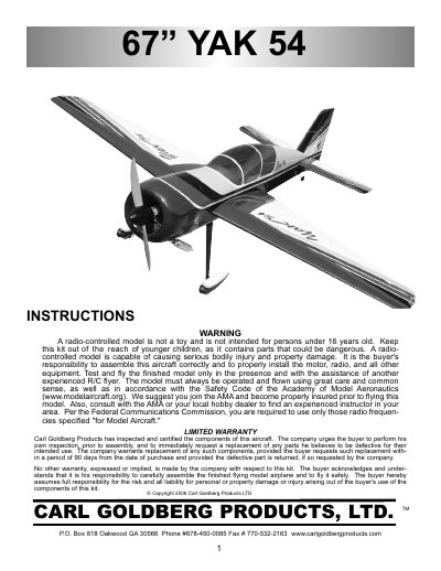 Carl Goldberg 67" Yak 54 ARF Assembly Instructions - cover page