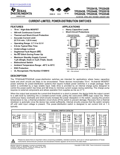 TEXAS INSTRUMENTS TPS2041B TPS2042B TPS2043B TPS2044B TPS2051B TPS2052B TPS2053B TPS2054B datasheet - cover page