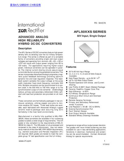 International Rectifier AFL50XXS Series DC/DC Converter Datasheet - cover page