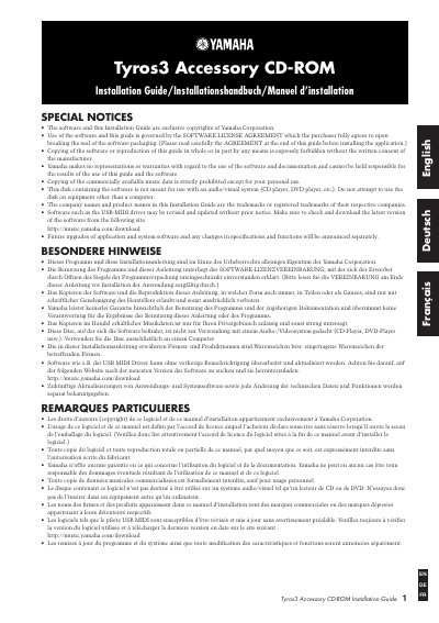 Yamaha Tyros3 Accessory CD-ROM Installation Guide - cover page