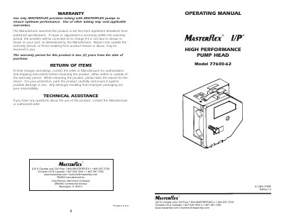 Cole-Parmer 77600-62 High Performance Pump Head Operating Manual - cover page