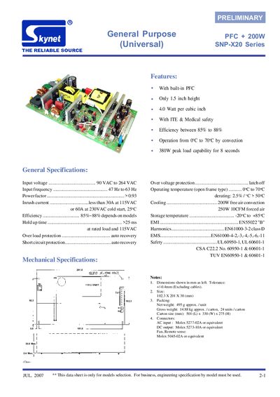 SNP-X20 Series General Purpose PFC 200W Datasheet - cover page