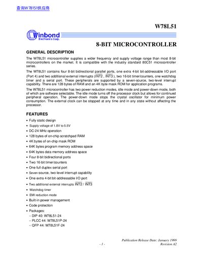 Winbond W78L51 Microcontroller Handbook - cover page