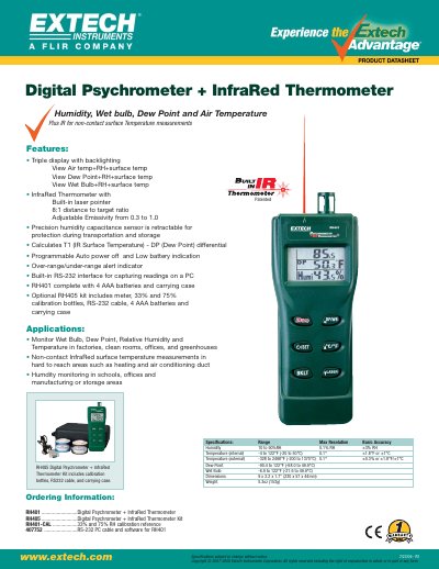 EXTECH RH401 Digital Psychrometer + InfraRed Thermometer Product Datasheet - cover page