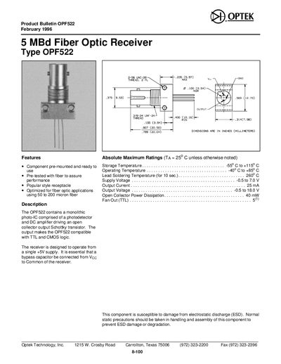 Optek OPF522 5 MBd Fiber Optic Receiver Product Bulletin - cover page