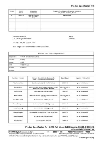 OSRAM HX2XX Full Moon OLED Module 96x64 SSD0323 Datasheet - cover page