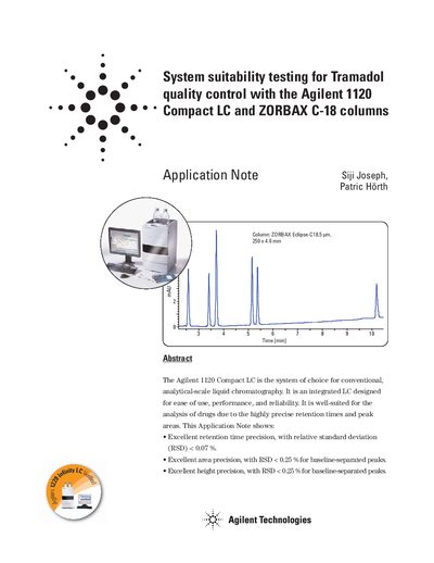 Agilent System suitability testing for Tramadol quality control with the Agilent 1120 Compact LC ZORBAX C-18 columns Application Note - cover page