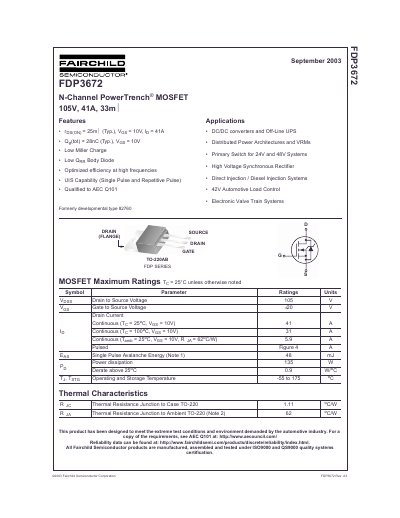 Fairchild FDP3672 N-Channel PowerTrench MOSFET Datasheet - cover page