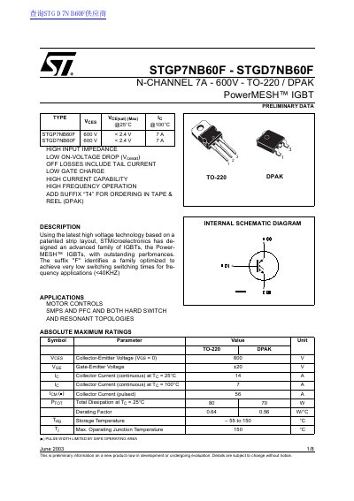 STMicroelectronics STGP7NB60F/STGD7NB60F Preliminary Data Sheet