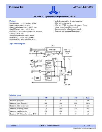 Alliance Semiconductor AS7C33128PFS18B Synchronous SRAM Datasheet - cover page