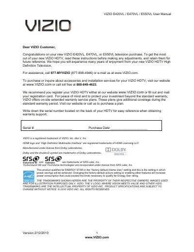 VIZIO E420VL E470VL E550VL User Manual