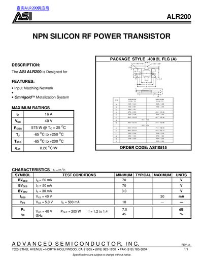 ASI ALR200 NPN Silicon RF Power Transistor Datasheet - cover page