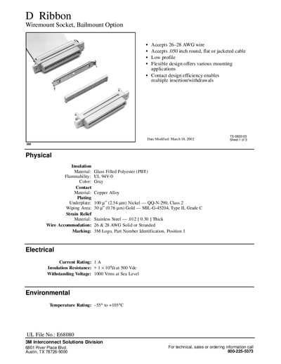 3M D Ribbon Wiremount Socket Bailmount Option Datasheet - cover page
