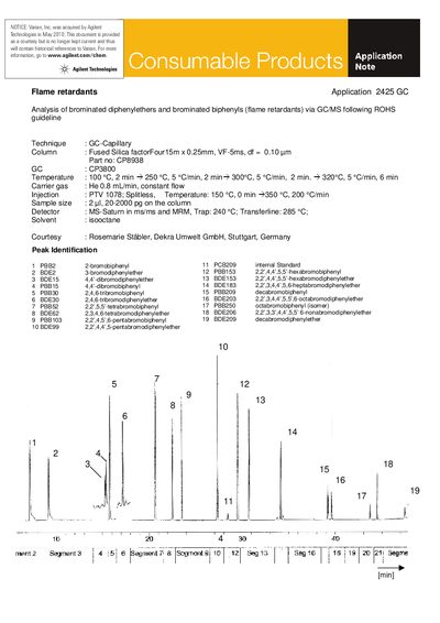 Agilent Application 2425 Analysis of Brominated Diphenylethers and Biphenyls via GC/MS - cover page