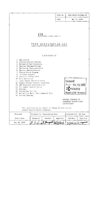 Kyocera KCGO47QVLAB-A21 LCD Module Datasheet - cover page