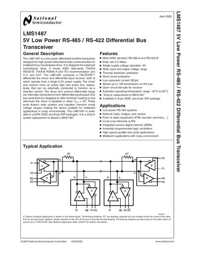 National Semiconductor LMS1487 Low Power RS-485/RS-422 Transceiver Datasheet - cover page