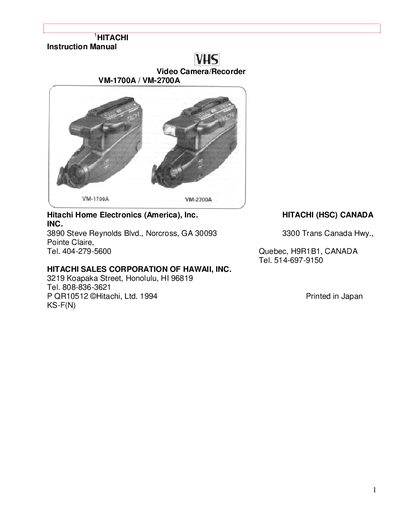 Hitachi VM-1700A/VM-2700A Video Camera/Recorder User Manual - cover page