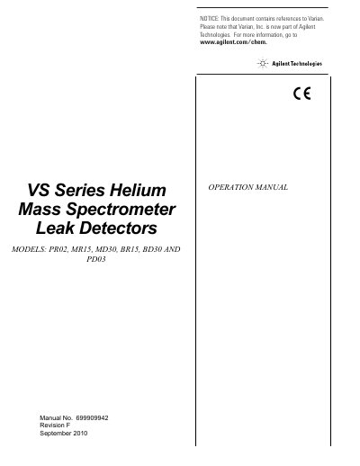Agilent VS Series Helium Mass Spectrometer Leak Detectors Operation Manual - cover page