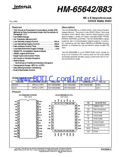 Intersil HM-65642/883 CMOS Static RAM Datasheet - cover page