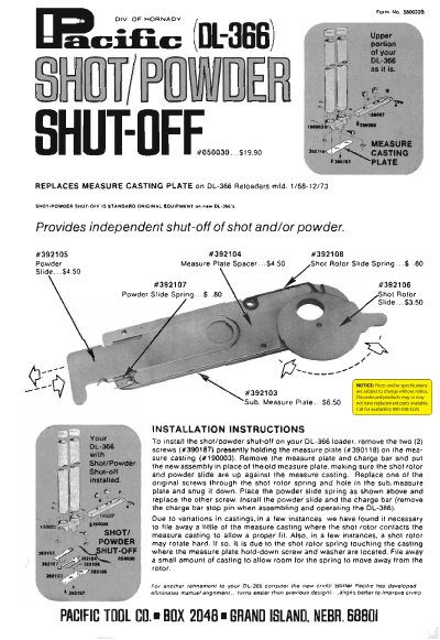 Pacific DL-366 Shot/Powder Shutoff Operating Instructions - cover page