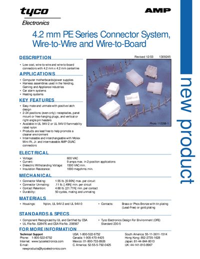 Tyco 4.2 mm PE Series Connector System Wire-to-Wire and Wire-to-Board Handbook - cover page
