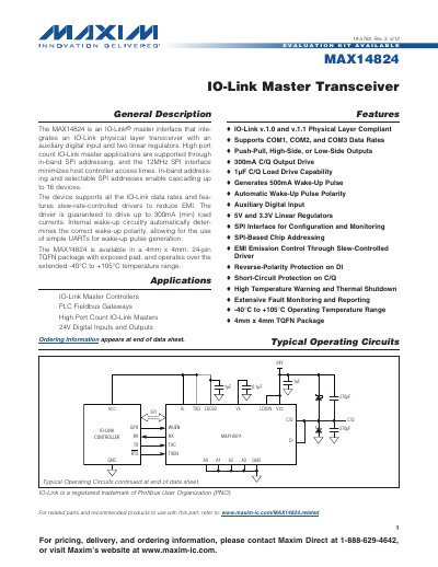 Maxim MAX14824 IO-Link Master Transceiver Datasheet - cover page