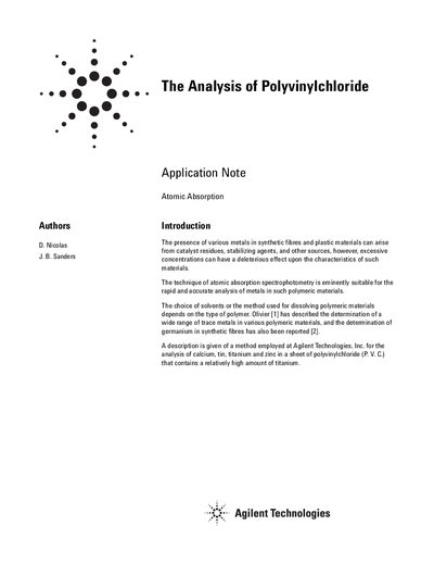 Agilent Application Note: Analysis of Polyvinylchloride by Atomic Absorption - cover page