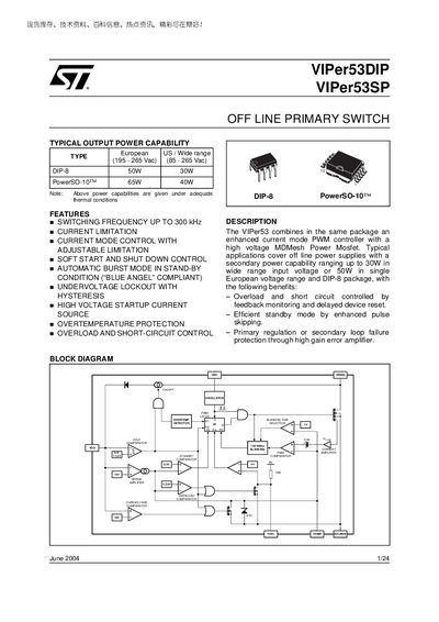 STMicroelectronics VIPer53DIP/VIPer53SP Datasheet - cover page