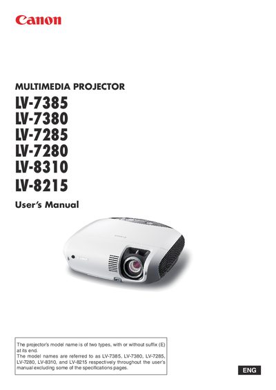 Canon LV-7385/LV-7380/LV-7285/LV-7280/LV-8310/LV-8215 Multimedia Projector User's Manual - cover page