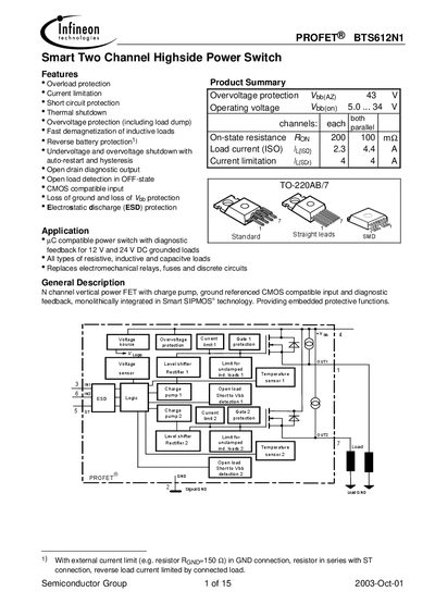 Infineon BTS612N1 Smart Two‑Channel Highside Power Switch Datasheet - cover page