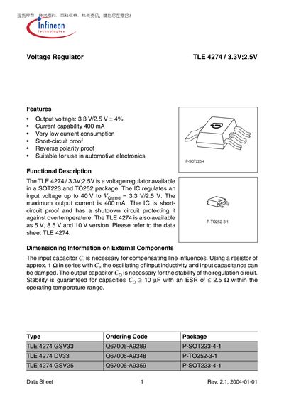 Infineon TLE 4274 3.3V/2.5V Voltage Regulator Datasheet - cover page