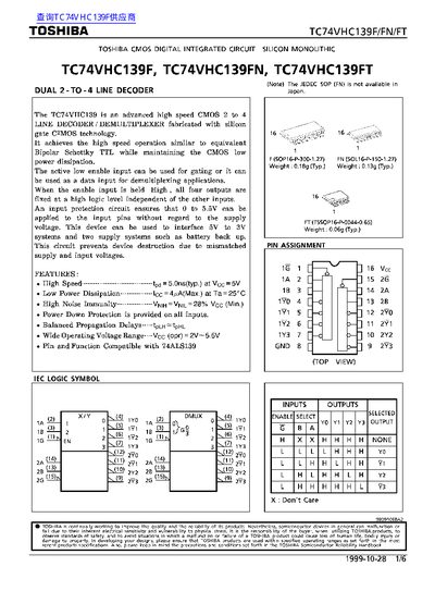 TOSHIBA TC74VHC139F/TC74VHC139FN/TC74VHC139FT Manual - cover page