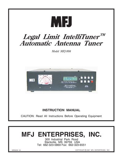 MFJ MFJ-998 Automatic Antenna Tuner Instruction Manual - cover page
