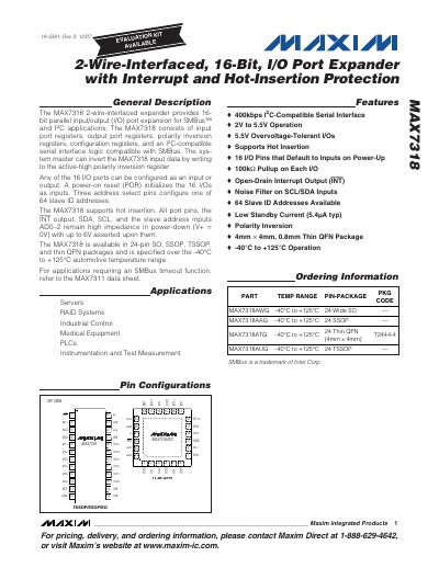 Maxim MAX7318 I/O Port Expander Datasheet - cover page