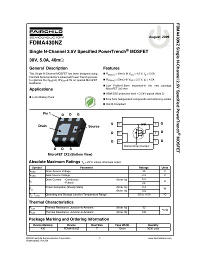Fairchild Semiconductor FDMA430NZ Single N-Channel MOSFET Datasheet - cover page
