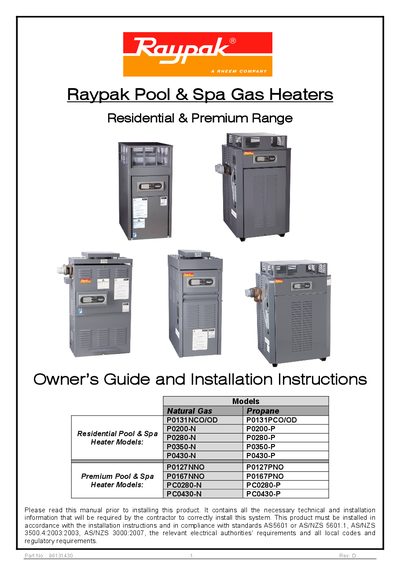 Raypak Pool & Spa Gas Heaters Owner’s Guide and Installation Instructions