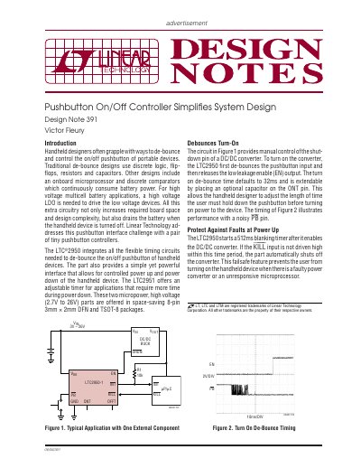 Linear Technology LTC2950 Pushbutton On/Off Controller Design Note 391 - cover page