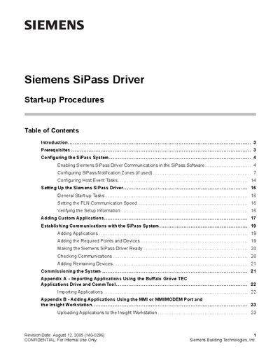 Siemens SiPass Driver Start-up Procedures Manual - cover page