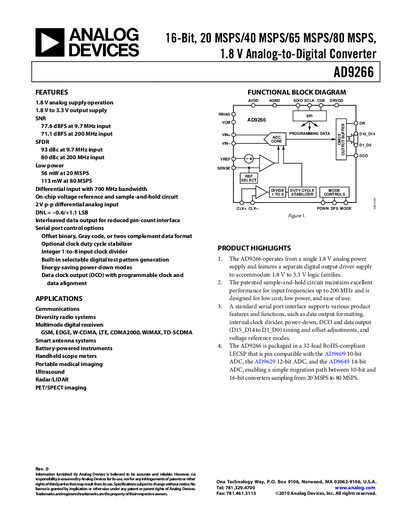 Analog Devices AD9266 Analog-to-Digital Converter Datasheet - cover page