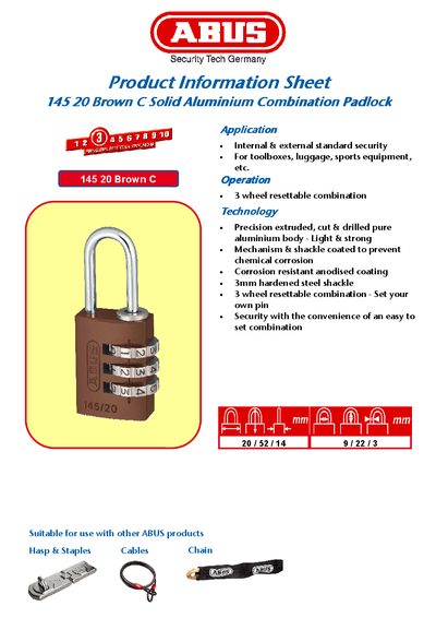 ABUS 145 20 Brown C Combination Padlock Product Information Sheet - cover page