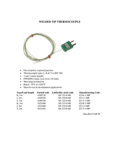 Labfacility Welded Tip Thermocouple Datasheet - cover page