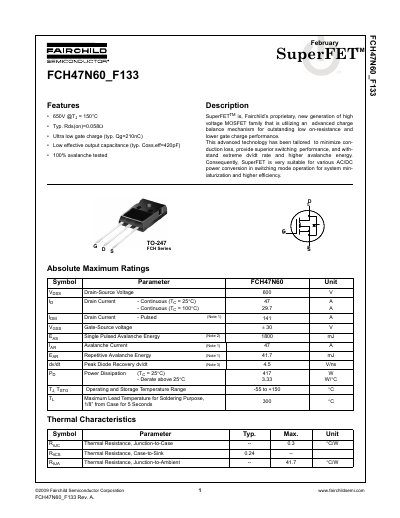 Fairchild Semiconductor FCH47N60_F133 SuperFET Datasheet - cover page