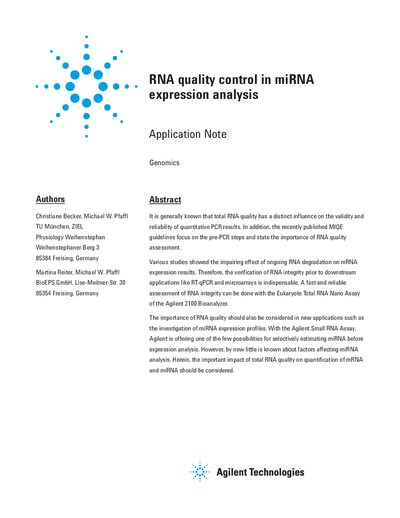 Agilent RNA Quality Control in miRNA Expression Analysis Application Note - cover page