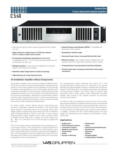Lab.gruppen C 5:4X Installation Amplifier Technical Data - cover page