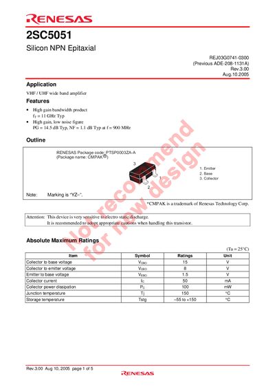 Renesas 2SC5051 Silicon NPN Epitaxial Datasheet - cover page