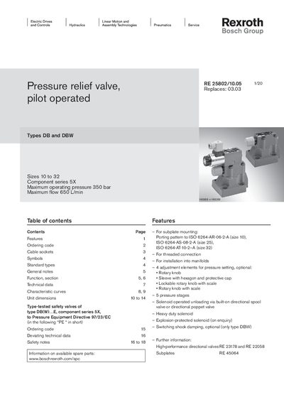 Bosch Rexroth DB/DBW Pilot Operated Pressure Relief Valve Manual - cover page