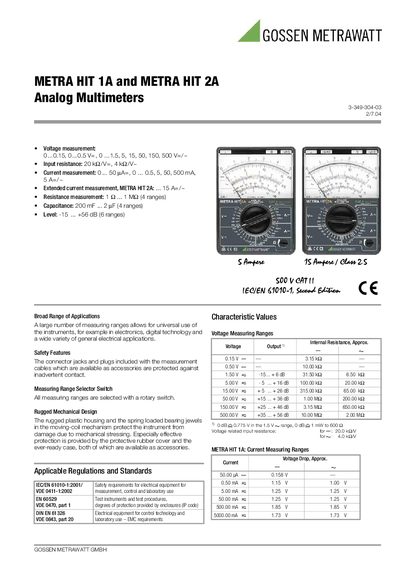 Gossen METRA HIT 1A & 2A Analog Multimeter User Manual - cover page